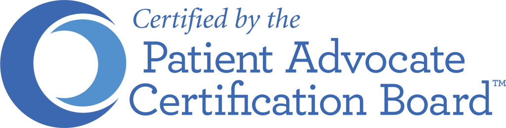 Blue circular logo with concentric shapes next to the text "Certified by the Patient Advocate Certification Board" on a black background.