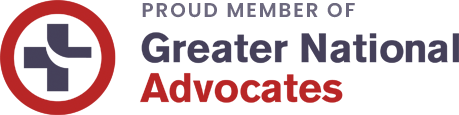 Logo with text "Proud Member of Greater National Advocates" in bold letters. A red circle logo with a gray and white plus sign is on the left.