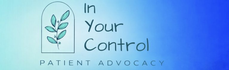 A blue gradient banner with a leafy plant illustration and text that reads "In Your Control Patient Advocacy.